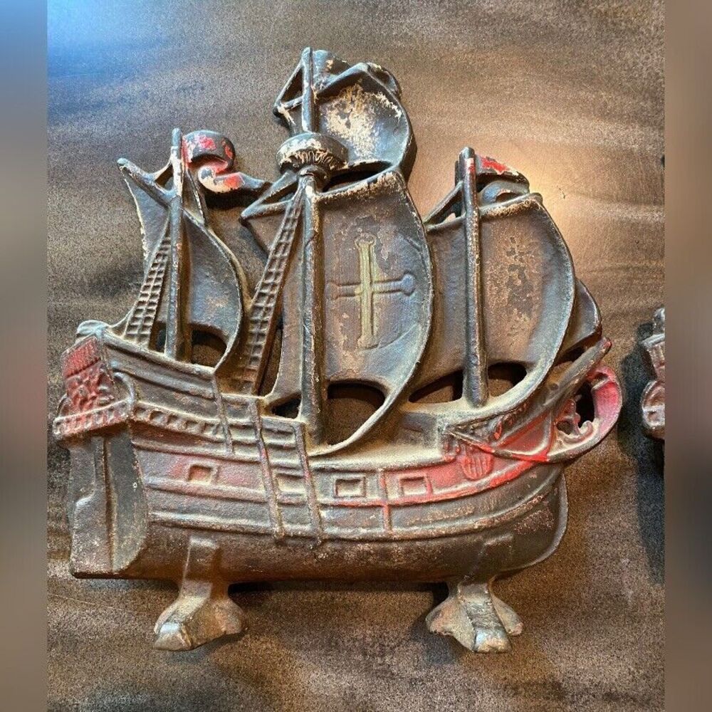 Vintage Antique Door Stops Book Ends Cast Iron Clipper Ships Cross Old Paint 9"